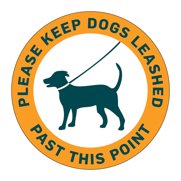 text sign dogs leash past point all times round- orange